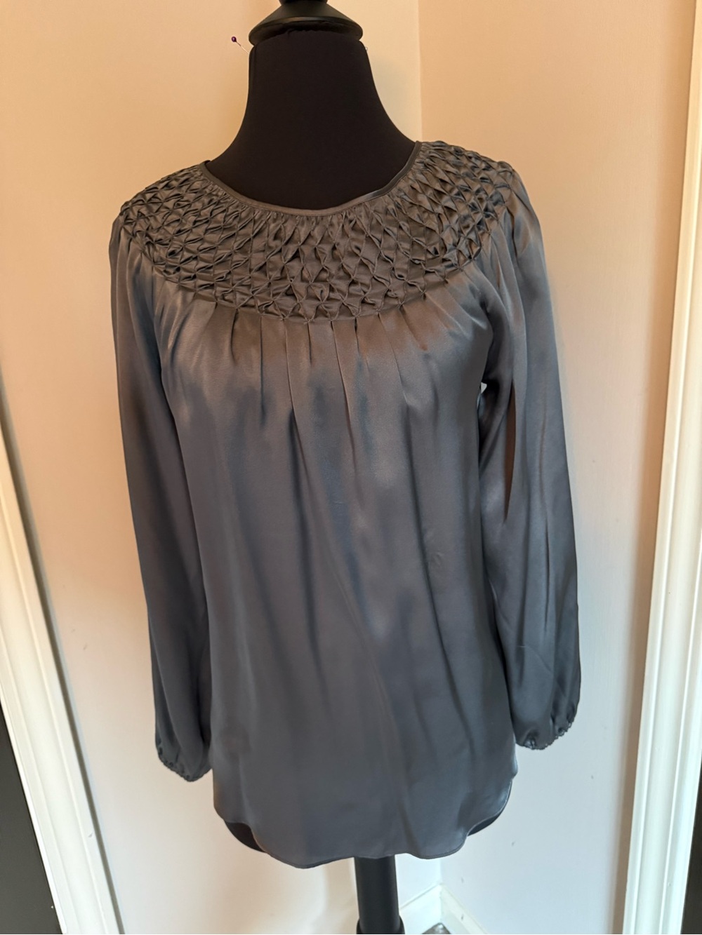 Sundance Gray Smocked silk satinYoke Long-Sleeve Blouse